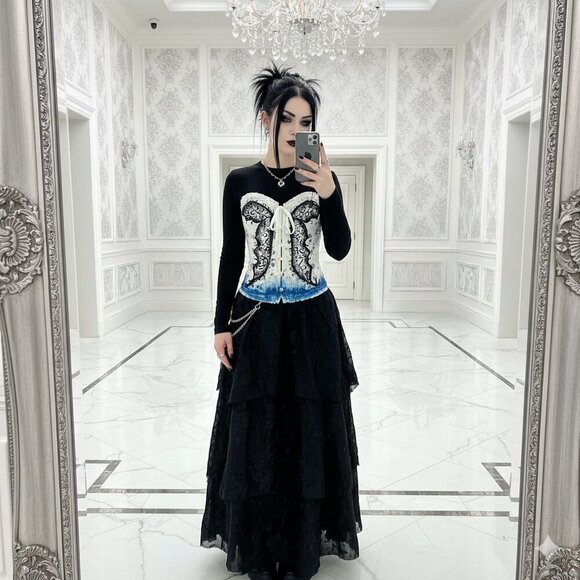 Hand Crafted Other - Butterfly on white romantic lace-up boned overbust sweetheart corset bustier